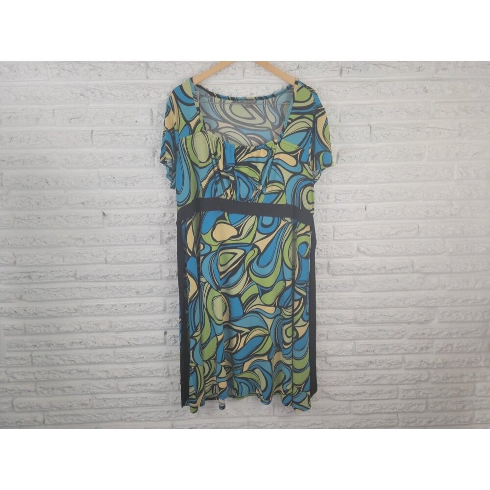 Apt. 9 Womens 2X Blue Abstract Sash Sheath Dress Cap Sleeve Stretch Knit WAT129E